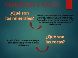 MINERALES Y ROCAS
Están constituidos por materiales
sólidos, naturales e inorgánicos,
formados a partir de magma o de
la alteración de minerales ya
existentes
Es un sólido cohesionado que
está formado por uno o más
minerales
 