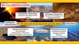 Se organizan en las siguientes grandes áreas
Cristalografía y Mineralogía:
incluye la mineralogía de las
gemas
Estratigrafía y
Sedimentología
Geodinámica
Geodinámica Interna:
Geología Estructural
Geología Histórica
Tectónica
Geofísica y Sismología
Geodinámica Externa:
Geomorfología
Hidrogeología y Geotecnia
Geología económica y del Petróleo
Paleontología
Petrología y Geoquímica:
Incluye la Vulcanología y la
geología planetaria
 