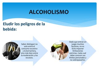 Saber distinguir no
solo entre el
consumo excesivo
y la borrachera,
sino más bien entre
la moderación y los
excesos.
Dado que entran en
juego muchos
factores, no es
lícito imponer
limitaciones
estrictas. Cada cual
debe conocer sus
límites personales y
no sobrepasarlos.
ALCOHOLISMO
Eludir los peligros de la
bebida:
 