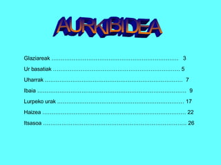 AURKIBIDEA Glaziareak ……………………………………………………………  3 Ur basatiak …………………………………………………………… 5 Uharrak …………………………………………………………………  7 Ibaia ………………………………………………………………………  9 Lurpeko urak …………………………………………………………… 17 Haizea …………………………………………………………………… 22 Itsasoa …………………………………………………………………… 26 