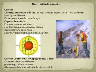 Descripción de las capas:

Corteza
La corteza terrestre es la capa de roca o rocosa externa de la Tierra de la cual
forma parte el suelo.
Esta capa comprende tres subcapas:
Capa sedimentaria:
Como su nombre lo indica,
está formada por rocas sedimentarias;
su espesor varía entre 500 a
1.000 m. y un grosor máximo de 20 a 25 km.




Corteza Continental o Capa granítica o Sial:
Está formada principalmente
por rocas graníticas ricas en
silicatos de aluminio, además de hierro y calcio.
 