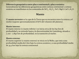 Diferencia geoquímica entre placa continental y placa oceánica
Generalmente las diferencias geoquímicas entre corteza continental y corteza
oceánica se manifiestan en los contenidos de SiO2, Al2O3, FeO, MgO, CaO y K2O.

                                    Manto
El manto terrestre es la capa de la Tierra que se encuentra entre la corteza y el
núcleo (supone aproximadamente el 87% del volumen del planeta).

Manto interno:
El manto interno (o manto inferior ) se inicia cerca de los 650 km de
profundidad y se extiende hasta a la discontinuidad de Gutenberg, situada a
2.700 - 2.890 km de profundidad, en la transición al núcleo.

Manto externo:
El manto superior (o manto externo) se inicia en la Moho, que está a una
profundidad media de 6 km bajo la corteza oceánica y a una profundidad media
de 35,5 km bajo la corteza continental.
 