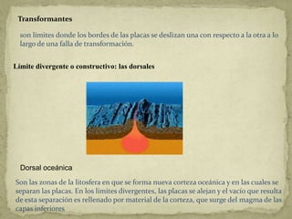 Transformantes

  son límites donde los bordes de las placas se deslizan una con respecto a la otra a lo
  largo de una falla de transformación.


Límite divergente o constructivo: las dorsales




  Dorsal oceánica
Son las zonas de la litosfera en que se forma nueva corteza oceánica y en las cuales se
separan las placas. En los límites divergentes, las placas se alejan y el vacío que resulta
de esta separación es rellenado por material de la corteza, que surge del magma de las
capas inferiores
 