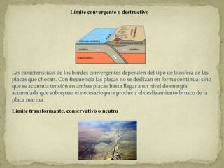 Límite convergente o destructivo




Las características de los bordes convergentes dependen del tipo de litosfera de las
placas que chocan. Con frecuencia las placas no se deslizan en forma continua; sino
que se acumula tensión en ambas placas hasta llegar a un nivel de energía
acumulada que sobrepasa el necesario para producir el deslizamiento brusco de la
placa marina

Límite transformante, conservativo o neutro
 
