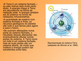 Representação do sistema Terra (adaptado de Skinner  et al , 1999) A Terra é um sistema fechado – ou pelo menos está muito perto disso. A energia chega à Terra em abundância na forma de radiação solar. A energia também sai do sistema na forma de radiações infravermelhas.  A quantidade de matéria num sistema fechado é finita, os recursos geológicos do planeta são tudo o que temos para agora e para o futuro.  Se ocorrem alterações numa parte do sistema fechado, o resultado dessas alterações vão eventualmente afectar outras partes do sistema. A Terra como um todo é um sistema fechado, mas as suas partes são um sistema aberto, de modo que matéria e energia podem ser transferidos entre eles. 