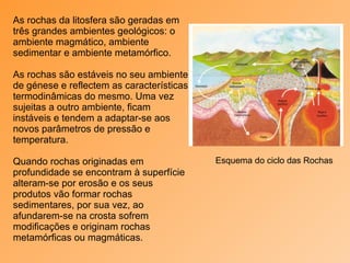Esquema do ciclo das Rochas As rochas da litosfera são geradas em três grandes ambientes geológicos: o ambiente magmático, ambiente sedimentar e ambiente metamórfico. As rochas são estáveis no seu ambiente de génese e reflectem as características termodinâmicas do mesmo. Uma vez sujeitas a outro ambiente, ficam instáveis e tendem a adaptar-se aos novos parâmetros de pressão e temperatura. Quando rochas originadas em profundidade se encontram à superfície alteram-se por erosão e os seus produtos vão formar rochas sedimentares, por sua vez, ao afundarem-se na crosta sofrem modificações e originam rochas metamórficas ou magmáticas. 