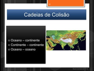 Cadeias de Colisão
Nuno Correia 2011/12
 Oceano – continente
 Continente – continente
 Oceano – oceano
22
 