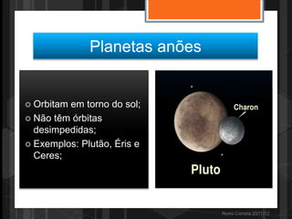 Planetas anões


 Orbitamem torno do sol;
 Não têm órbitas
  desimpedidas;
 Exemplos: Plutão, Éris e
  Ceres;




                               Nuno Correia 2011/12
 