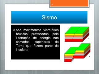 10




                 Sismo

 são  movimentos vibratórios
 bruscos provocados pela
 libertação de energia nas
 camadas     superiores    da
 Terra que fazem parte da
 litosfera




                                Nuno Correia 11/12
 