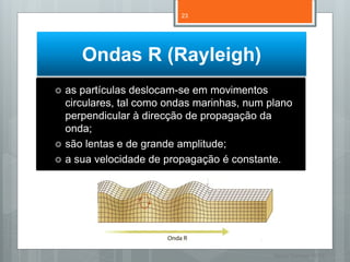 23




       Ondas R (Rayleigh)
   as partículas deslocam-se em movimentos
    circulares, tal como ondas marinhas, num plano
    perpendicular à direcção de propagação da
    onda;
   são lentas e de grande amplitude;
   a sua velocidade de propagação é constante.




                                              Nuno Correia 11/12
 