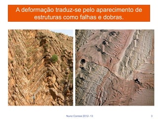 A deformação traduz-se pelo aparecimento de
      estruturas como falhas e dobras.




                 Nuno Correia 2012- 13        3
 