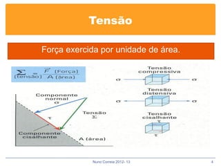 Tensão

Força exercida por unidade de área.




            Nuno Correia 2012- 13     4
 