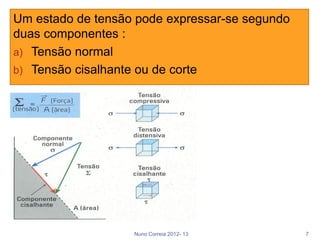 Um estado de tensão pode expressar-se segundo
duas componentes :
a) Tensão normal
b) Tensão cisalhante ou de corte




                   Nuno Correia 2012- 13        7
 