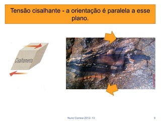 Tensão cisalhante - a orientação é paralela a esse
                      plano.




                    Nuno Correia 2012- 13            9
 