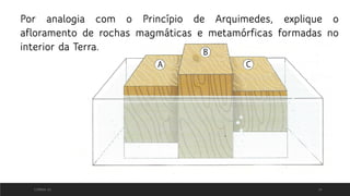 CORREIA 20 14
Por analogia com o Princípio de Arquimedes, explique o
afloramento de rochas magmáticas e metamórficas formadas no
interior da Terra.
 