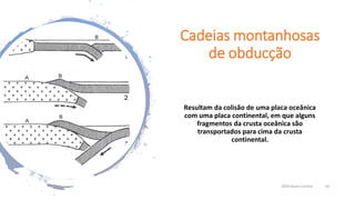 Cadeias montanhosas
de obducção
Resultam da colisão de uma placa oceânica
com uma placa continental, em que alguns
fragmentos da crusta oceânica são
transportados para cima da crusta
continental.
2020 Nuno Correia 16
 