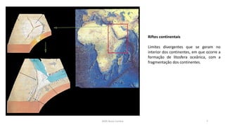 2020 Nuno Correia 7
Riftes continentais
Limites divergentes que se geram no
interior dos continentes, em que ocorre a
formação de litosfera oceânica, com a
fragmentação dos continentes.
 