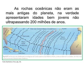 As rochas oceânicas não eram as
mais antigas do planeta, na verdade
apresentaram idades bem jovens não
ultrapassando 200 milhões de anos.
Fonte: Decifrando a Terra, pág. 100.
 