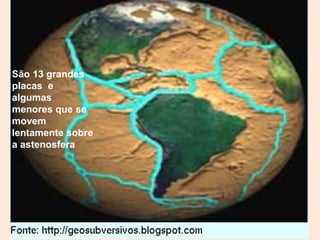 São 13 grandes
placas e
algumas
menores que se
movem
lentamente sobre
a astenosfera
 