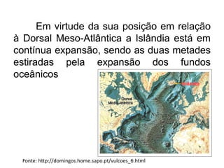 Em virtude da sua posição em relação
à Dorsal Meso-Atlântica a Islândia está em
contínua expansão, sendo as duas metades
estiradas pela expansão dos fundos
oceânicos
Fonte: http://domingos.home.sapo.pt/vulcoes_6.html
 