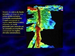 Modelo do  relevo do fundo oceanico , ao longo de uma  crista médio-oceanica (vermelho acastanhado) .  O  azul  corresponde às regiões  mais baixas (vales) , enquanto, do  verde passando pelo amarelo até ao castanho-avermelhado , corresponde  às regiões elevadas (montanhas). 