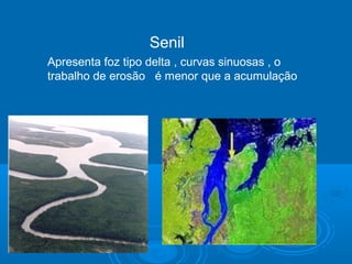 Senil
Apresenta foz tipo delta , curvas sinuosas , o
trabalho de erosão é menor que a acumulação
 