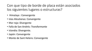 Con que tipo de borde de placa están asociados
los siguientes lugares o estructuras?
• Himalaya : Convergente
• Islas Aleutianas: Convergente
• Mar rojo: Divergente
• Falla de San Andrés: Transformante
• Islandia: Divergente.
• Japón: Convergente
• Monte de Sant Helens: Convergente
 