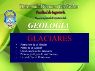 Carrera Profesional de Ingeniería Civil
Facultad de Ingeniería
Universidad Peruana Los Andes
GEOLOGIA
GLACIARES
• Formación de un Glaciar
• Partes de un Glaciar
• Clasificación de los Glaciares
• Proceso geológico de los Glaciares
• La edad Glacial Pleistocena
 