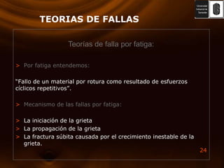 TEORIAS DE FALLASPor fatiga entendemos:“Fallo de un material por rotura como resultado de esfuerzos cíclicos repetitivos”.Mecanismo de las fallas por fatiga:La iniciación de la grietaLa propagación de la grietaLa fractura súbita causada por el crecimiento inestable de la grieta.Teorías de falla por fatiga:
