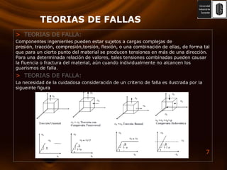 TEORIAS DE FALLASTEORIAS DE FALLA:Componentes ingenieriles pueden estar sujetos a cargas complejas de presión, tracción, compresión,torsión, flexión, o una combinación de ellas, de forma tal que para un cierto punto del material se producen tensiones en más de una dirección. Para una determinada relación de valores, tales tensiones combinadas pueden causar la fluencia o fractura del material, aún cuando individualmente no alcancen los guarismos de falla.TEORIAS DE FALLA:La necesidad de la cuidadosa consideración de un criterio de falla es ilustrada por la sigueinte figura