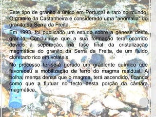  Este tipo de granito é único em Portugal e raro no mundo.
  O granito da Castanheira é considerado uma "anomalia" do
  granito da Serra da Freita.
 Em 1993, foi publicado um estudo sobre a génese deste
  granito. Concluiu-se que a sua formação terá ocorrido
  devido à separação, na fase final da cristalização
  magmática do granito da Serra da Freita, de um fluido
  cloretado rico em voláteis.
 No processo ter-se-á gerado um gradiente químico que
  favoreceu a mobilização de ferro do magma residual. A
  bolha, menos densa que o magma, terá ascendido, ficando
  como que a flutuar no tecto desta porção da câmara
  magmática.
 