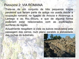 PARAGEM 2: VIA ROMANA
 Trata-se de um conjunto de três pequenos troços
  paralelos que fariam parte da antiga via usada desde a
  ocupação romana, na ligação de Arouca e Alvarenga a
  Lamego e ao Rio Douro, e que de alguma forma
  poderiam estar relacionados com as explorações
  auríferas da região.
 Actualmente ressaltam à vista os sulcos escavados pela
  passagem dos carros, num plano paralelo à xistosidade
  das rochas do substrato.
 