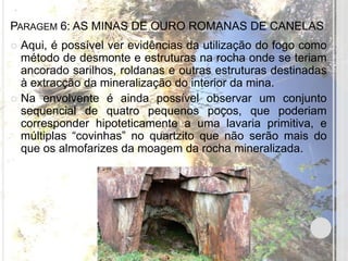PARAGEM 6: AS MINAS DE OURO ROMANAS DE CANELAS
 Aqui, é possível ver evidências da utilização do fogo como
  método de desmonte e estruturas na rocha onde se teriam
  ancorado sarilhos, roldanas e outras estruturas destinadas
  à extracção da mineralização do interior da mina.
 Na envolvente é ainda possível observar um conjunto
  sequencial de quatro pequenos poços, que poderiam
  corresponder hipoteticamente a uma lavaria primitiva, e
  múltiplas “covinhas” no quartzito que não serão mais do
  que os almofarizes da moagem da rocha mineralizada.
 
