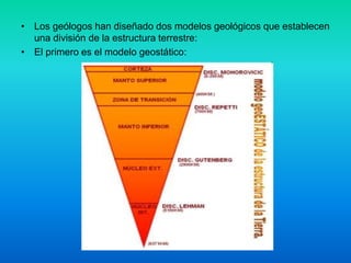 • Los geólogos han diseñado dos modelos geológicos que establecen
una división de la estructura terrestre:
• El primero es el modelo geostático:
 