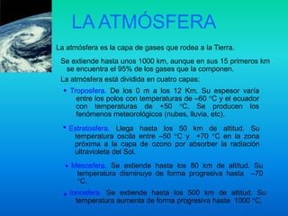 LA ATMÓSFERA
La atmósfera es la capa de gases que rodea a la Tierra.
Se extiende hasta unos 1000 km, aunque en sus 15 primeros km
se encuentra el 95% de los gases que la componen.

La atmósfera está dividida en cuatro capas:
Troposfera. De los 0 m a los 12 Km. Su espesor varía
entre los polos con temperaturas de –60 C y el ecuador
con temperaturas de +50 C. Se producen los
fenómenos meteorológicos (nubes, lluvia, etc).

Estratosfera. Llega hasta los 50 km de altitud. Su
temperatura oscila entre –50 C y +70 C en la zona
próxima a la capa de ozono por absorber la radiación
ultravioleta del Sol.

Mesosfera. Se extiende hasta los 80 km de altitud. Su
temperatura disminuye de forma progresiva hasta –70
C.

Ionosfera. Se extiende hasta los 500 km de altitud. Su
temperatura aumenta de forma progresiva hasta 1000 C.

 