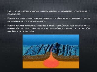 • LAS PLACAS PUEDEN CHOCAR DANDO ORIGEN A MONTAÑAS, CORDILLERAS Y
CONTINENTES.
• PUEDEN ALEJARSE DANDO ORIGEN DORSALES OCEÁNICAS O CORDILLERAS QUE SE
ENCUENTRAN EN LOS FONDOS MARINOS.
• PUEDEN ROZARSE FORMANDO PLIEGUES Y FALLAS GEOLÓGICAS QUE PROVOCAN LA
FORMACIÓN DE OTRO TIPO DE ROCAS METAMÓRFICAS DEBIDO A LA ACCIÓN
MECÁNICA DE LA FRICCIÓN.
 