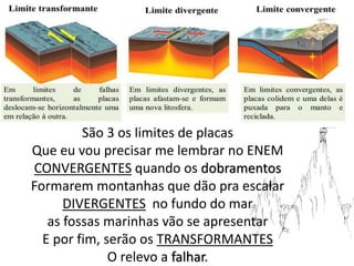 São 3 os limites de placas
Que eu vou precisar me lembrar no ENEM
CONVERGENTES quando os dobramentos
Formarem montanhas que dão pra escalar
DIVERGENTES no fundo do mar
as fossas marinhas vão se apresentar
E por fim, serão os TRANSFORMANTES
O relevo a falhar.
 