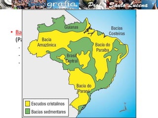 • Bacias Sedimentares: relevo de formação
(Paleozóica, Mesozóica e Cenozóica);
- rochas sedimentares
- planícies e planaltos sedimentares
- carvão e petróleo
Estrutura Geológica e Relevo
 