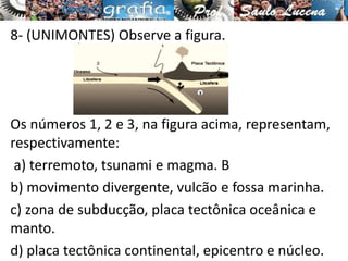8- (UNIMONTES) Observe a figura.
Os números 1, 2 e 3, na figura acima, representam,
respectivamente:
a) terremoto, tsunami e magma. B
b) movimento divergente, vulcão e fossa marinha.
c) zona de subducção, placa tectônica oceânica e
manto.
d) placa tectônica continental, epicentro e núcleo.
 