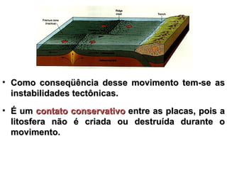 Como conseqüência desse movimento tem-se as instabilidades tectônicas. É um  contato conservativo  entre as placas, pois a litosfera não é criada ou destruída durante o movimento. 