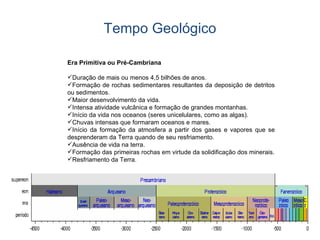 Tempo Geológico Era Primitiva ou Pré-Cambriana Duração de mais ou menos 4,5 bilhões de anos. Formação de rochas sedimentares resultantes da deposição de detritos ou sedimentos. Maior desenvolvimento da vida. Intensa atividade vulcânica e formação de grandes montanhas. Início da vida nos oceanos (seres unicelulares, como as algas). Chuvas intensas que formaram oceanos e mares. Início da formação da atmosfera a partir dos gases e vapores que se desprenderam da Terra quando de seu resfriamento. Ausência de vida na terra. Formação das primeiras rochas em virtude da solidificação dos minerais. Resfriamento da Terra. 
