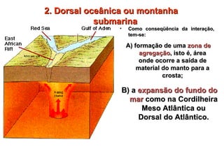 2. Dorsal oceânica ou montanha submarina Como conseqüência da interação, tem-se: A) formação de uma  zona de agregação , isto é, área onde ocorre a saída de material do manto para a crosta; B) a  expansão do fundo do mar  como na Cordilheira Meso Atlântica ou Dorsal do Atlântico. 