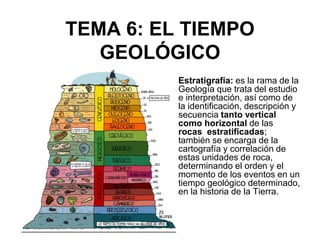 TEMA 6: EL TIEMPO
GEOLÓGICO
Estratigrafía: es la rama de la
Geología que trata del estudio
e interpretación, así como de
la identificación, descripción y
secuencia tanto vertical
como horizontal de las
rocas estratificadas;
también se encarga de la
cartografía y correlación de
estas unidades de roca,
determinando el orden y el
momento de los eventos en un
tiempo geológico determinado,
en la historia de la Tierra.
 