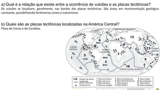 Apresentação elaborada pela Professora FERNANDA BRUM LOPES - Geografia
a) Qual é a relação que existe entre a ocorrência de vulcões e as placas tectônicas?
Os vulcões se localizam, geralmente, nas bordas das placas tectônicas. São áreas em movimentação geológica
constante, possibilitando fenômenos como o vulcanismo.
b) Quais são as placas tectônicas localizadas na América Central?
Placa de Cocos e de Caraíbas.
 