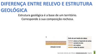 Apresentação elaborada pela Professora FERNANDA BRUM LOPES - Geografia
Estrutura geológica é a base de um território.
Corresponde à sua composição rochosa.
 