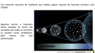 Apresentação elaborada pela Professora FERNANDA BRUM LOPES - Geografia
Um conjunto coerente de hipóteses que explica algum aspecto da natureza constitui uma
TEORIA.
Algumas teorias e hipóteses
foram testadas de forma tão
completa que todos os cientistas
as aceitam como verdadeiras,
pelo menos com boa
aproximação.
 