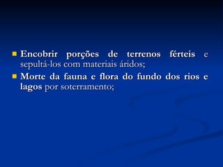 Encobrir porções de terrenos férteis  e sepultá-los com materiais áridos; Morte da fauna e flora do fundo dos rios e lagos  por soterramento; 