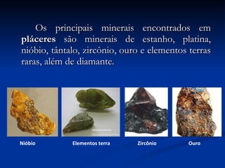 Os principais minerais encontrados em  pláceres  são minerais de estanho, platina, nióbio, tântalo, zircônio, ouro e elementos terras raras, além de diamante. Nióbio Elementos terra Zircônio Ouro 