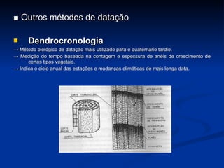 ■  Outros métodos de datação Dendrocronologia ->  Método biológico de data ç ão mais utilizado para o quaternário tardio. ->  Medi ç ão do tempo baseada na contagem e espessura de anéis de crescimento de certos tipos vegetais. ->  Indica o ciclo anual das esta ç ões e mudan ça s climáticas de mais longa data. 