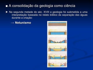 ■  A consolidação da geologia como ciência ►  Na segunda metade do séc. XVIII a geologia foi submetida a uma interpretação baseada no relato bíblico da separação das águas durante a criação: ->   Netunismo 